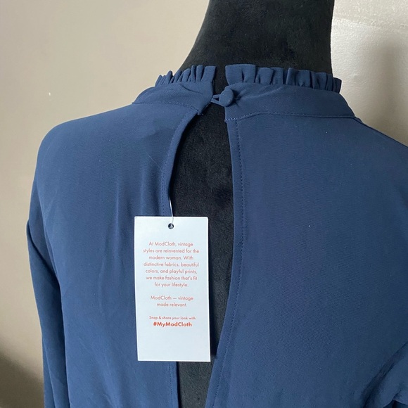 ModCloth NWT Navy Blue Mock Neck Key Hole Back chiffon Mini Dress Size 8 preppy - Picture 7 of 16
